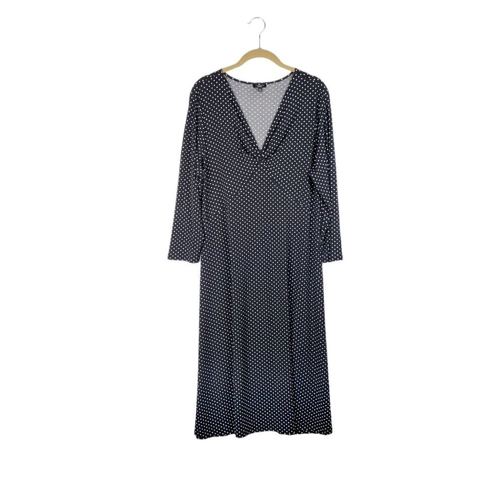 Talbots Midi Dress Black White Polka Dot 3/4 Sleeve V-Neck Modest Womens Size 16